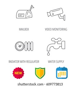 Water supply, video camera and mailbox icons. Radiator with regulator linear sign. Shield protection, calendar and new tag web icons. Vector