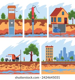 Water supply wells system set. Structure of soil and underground water, supplying water to house. Layers of land with underground rivers. Cartoon flat vector illustration