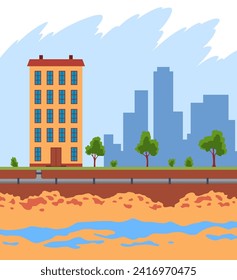 Water supply wells system. Structure of soil and underground water, supplying water to house. Layers of land with underground rivers. Cartoon flat vector illustration