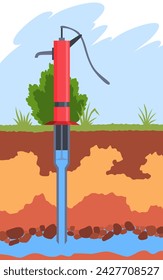 Water supply wells system. Structure of soil and underground water, supplying water to house. Layers of land with underground rivers. Cartoon flat vector illustration