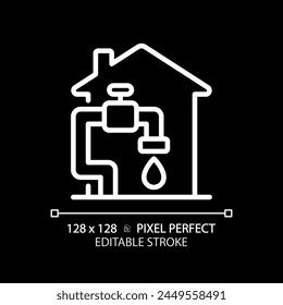 Water supply white linear icon for dark theme. Potable water at home. Residential infrastructure. Water access. Thin line illustration. Isolated symbol for night mode. Editable stroke. Pixel perfect