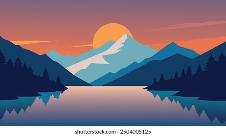 Water surface of Bachsee lake. Colorful summer sunrise in Bernese Oberland Alps, Grindelwald location, Innertkirchen, Switzerland, Europe flat vector illustration