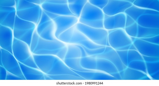 Fondo de superficie de agua con glares de luz solar y ondas cáusticas. Vista superior. En colores azul claro