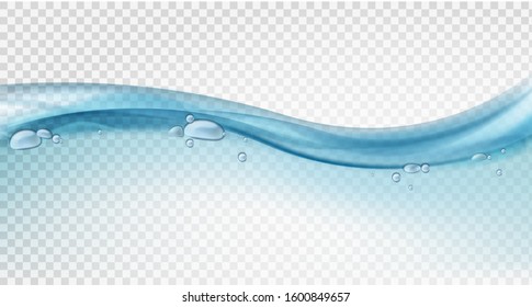 Water Surface. Blue Ocean Wave, Liquid Motion, Splashes And Water Bubbles In Swimming Pool, Clear Ecological Sea Line Horizon Transparent Isolated Vector Texture