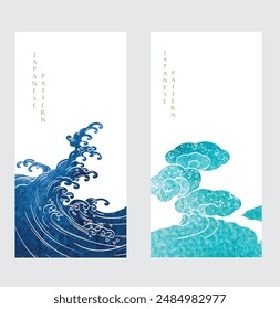 Water surface elements with Japanese wave pattern decoration. Hand drawn ocean object. Abstract art background with contemporary art template vector.