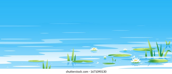 Superficie de agua con nenúfares y plantas de abultamiento ilustración paisajística  lugar de pesca  estanque con agua azul con plantas verdes