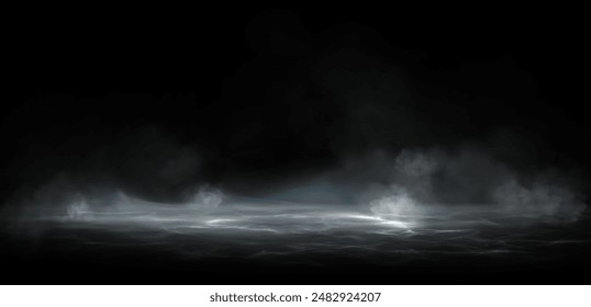 Water surface with magic neon glow from inside and smoke on top. Mystery dark background with spooky white light from underwater and fog. Realistic 3d night vector illustration with flare and steam.