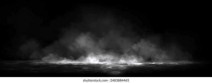 Superficie de agua con brillo mágico de neón desde el interior y humo en la parte superior. Fondo oscuro misterioso con luz blanca espeluznante de debajo del agua y la niebla. Ilustración vectorial nocturna 3D realista con llamarada y vapor.