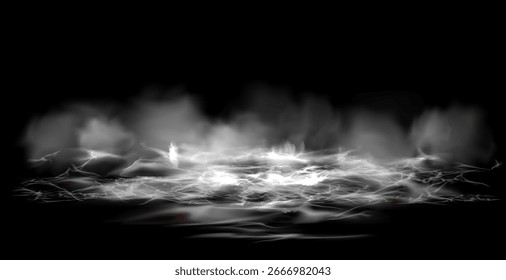 Superficie de agua con brillo de neón mágico desde el interior y humo en la parte superior. Fondo oscuro misterioso con la luz blanca espeluznante de debajo del agua y la niebla. Ilustración vectorial nocturna realista en 3D con destellos y vapor.