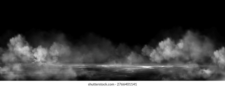 Water surface with smoke and fog effect at night - mysterious glowing mist rising over dark ground. Black background with white cloud haze and spooky atmosphere for horror or mystery design.