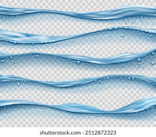 Water surface splash, realistic pool line waterline. 2d vector blue transparent water waves with bubbles. Isolated pure and fresh natural elements, horizontal wavy lines of pool, sea or the ocean