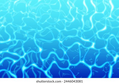 Water Surface with Sun Reflections. Blue Water Banner. Swimming Pool Top View. Water Ripple Background. Lake, Sea, River or Ocean Surface. Travel and Summer Time Concept. Flat Vector Illustration