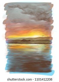 water surface with sunset reflection with small tropical island in the distance, sketch vector graphics color drawing