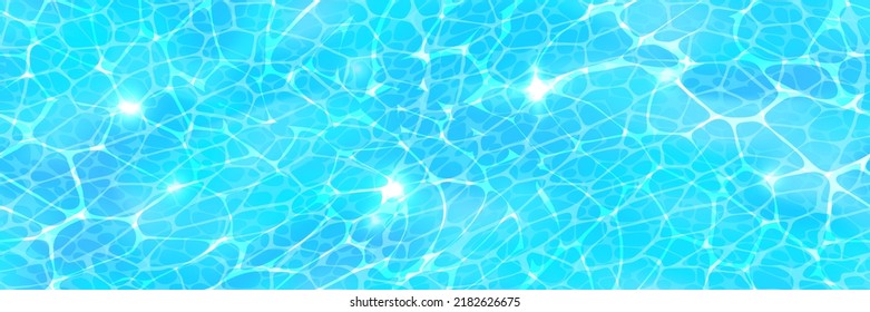 Water surface top view horizontal background with sunlight glare reflections, caustic ripples and waves. Clear blue ocean texture. Bright vector summer time background.