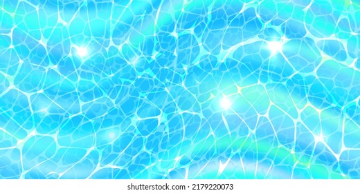 Water surface top view seamless pattern with sunlight glare reflections, caustic ripples and waves. Clear blue water texture. Bright vector summer time background.