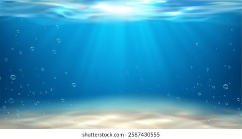 Water surface, underwater ocean or sea, swimming pool. Vector in realistic style, bottom of lake with clear sand. Aqua texture with air bubbles, ripples and sun rays falling, snorkeling scene