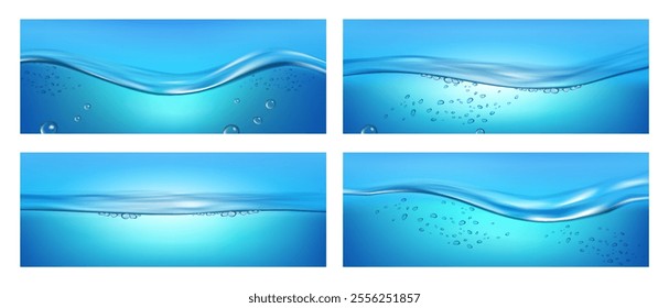 Water surface. Wave blue, bubble air. Effervescent, cold beverage, transparent backdrop, fizz splash. Health drop natural liquid realistic aqua. Underwater horizon. Vector background concept abstract