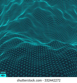 Water Surface. Wavy Grid Background. 3d Abstract Vector Illustration. 