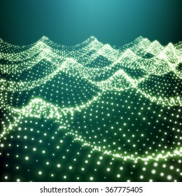 Superficie hídrica. Cuadrícula ondulada. Estructura de celosías. Cuadrícula de ondas. Estilo De Tecnología 3D. Fondo de cuadrícula abstracta. Una Cuadrícula Brillante. Diseño de red 3D. Fondo de resumen digital. Ilustración de vectores 3D.