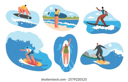 Water surfing. Happy surfers characters, people cut through waves on boards, summer extreme water sports, beach sea lifestyle, vector set