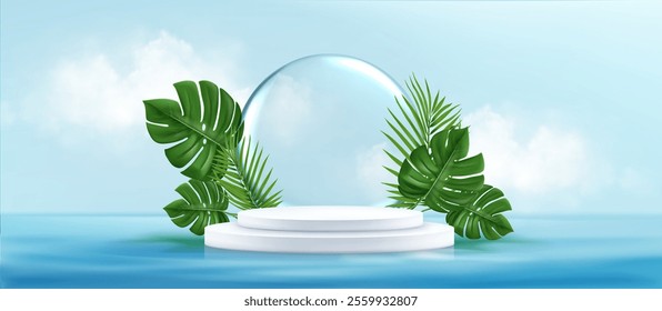 Water surrounded podium with tropical monstera and palm leaves - white circular platform floating on blue sea aqua with glass sphere element. 3d vector natural cosmetic or beach product showcase.