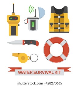 Water survival kit. Safety gear essentials. Life vest, EPIRB, portable finder, lifebuoy, whistle and knife isolated on white background. Emergency protection staff vector icons.