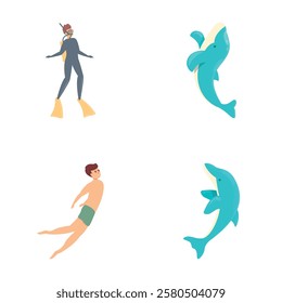 Water swimming icons set cartoon vector. Active people swim with dolphin. Summer rest