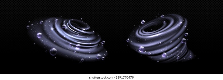 Water swirl with bubbles. Realistic vector set of vortex with detergent or soap foam balls. Liquid underwater spin whirlwind with shampoo blobs and transparent overlay effect on dark background.