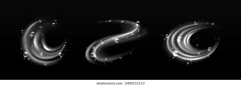 Water swirl and wave with bubble. Vortex with movement of detergent or soap foam balls. Realistic vector set of clean liquid underwater spin whirlwind with shampoo blobs and transparent overlay effect