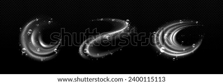 Water swirl and wave with bubble. Vortex with movement of detergent or soap foam balls. Realistic vector set of clean liquid underwater spin whirlwind with shampoo blobs and transparent overlay effect