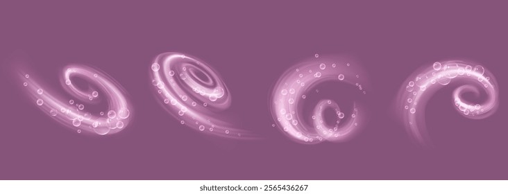 Water swirls with soap bubbles set isolated on background. Vector realistic illustration of cleaning detergent foam effect, underwater whirlwind, fizzy liquid spiral, fresh laundry trail, soda splash