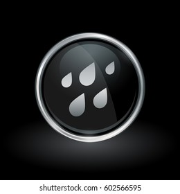Water symbol with rain drops icon inside round chrome silver and black button emblem on black background. Vector illustration.