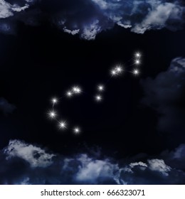 Water symbol of Scorpio zodiac sign, horoscope, vector art and illustration. Star constellation. The constellation is seen through the clouds in the night sky. 