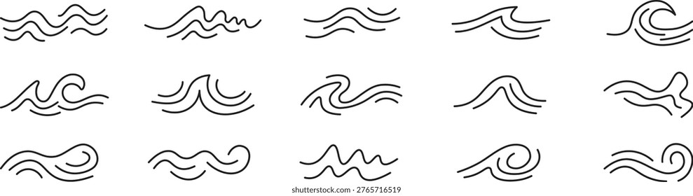 Water symbol vector collection. Water wave, sea wave set. Set of thin line waves vector