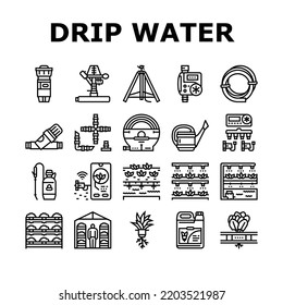 water system irrigation sprinker icons set vector. garden agriculture farm, drip field, automatic pipe, lawn spray, plant pump irrigate water system irrigation sprinker black contour illustrations