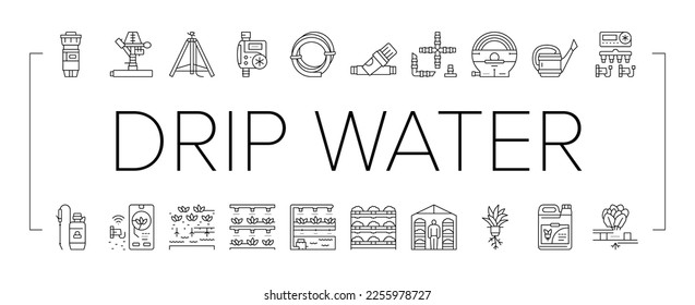 water system irrigation sprinker icons set vector. garden agriculture farm, drip field, automatic pipe, lawn spray, plant pump irrigate water system irrigation sprinker black contour illustrations