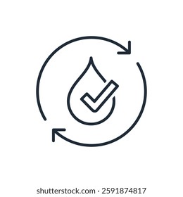 Water system with a tick. Performing constantly occurring tasks. Vector linear icon isolated on white background.