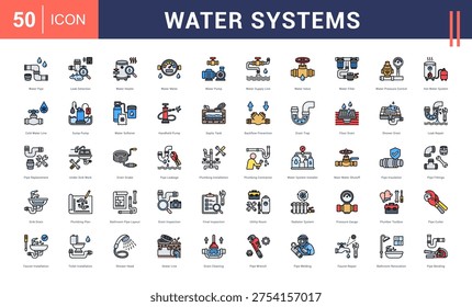 Water Systems Icon Set. Pipe, Leak Detection,  Heater, Water Meter, Pump and more. Flat Line style vector icons collection.