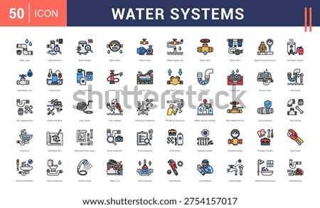 Water Systems Icon Set. Pipe, Leak Detection,  Heater, Water Meter, Pump and more. Flat Line style vector icons collection.