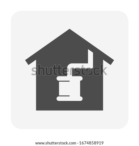Water tank icon or water container inside building using storage rain water from roof gutter. For home use, irrigation, agriculture, farming, livestock, food preparation, fire suppression etc.