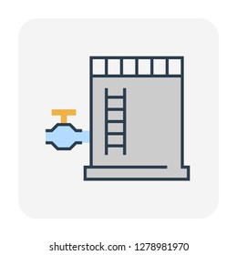 Water tank icon or water container. Using storage liquid and water i.e. rain, natural and tap water for drinking, irrigation, agriculture, farming, livestock, food preparation, fire suppression etc.