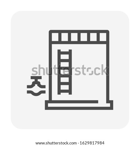 Water tank icon or water container. Using storage liquid and water i.e. rain, natural and tap water for drinking, irrigation, agriculture, farming, livestock, food preparation, fire suppression etc.