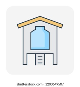 Water tank inside building icon or water container. Using storage liquid and water i.e. rain, natural and tap water for irrigation, agriculture, farming, livestock, fire suppression, food preparation.