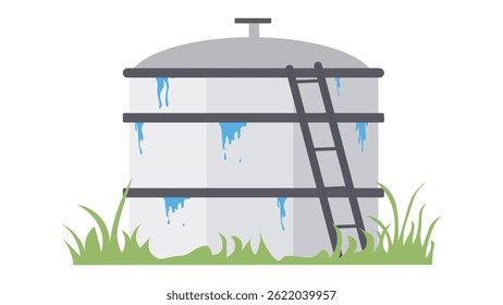 Water tank leak. Wastewater Treatment Tank Leak Vector. Water Flowing from Damaged Purification System. Rural property, wastewater treatment plant. Water purification tank