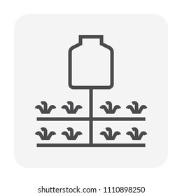 Water tank, plant and pipeline icon. Using storage liquid and water. Then supply or transfer by pressure from water pump through pipeline. For irrigation watering by mist, spray and drip. 64x64 px.