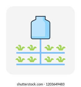 Water tank, plant and pipeline icon. Using storage liquid and water. Then supply or transfer by pressure from water pump through pipeline. For irrigation watering by mist, spray and drip system.
