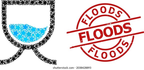 Water tank star mosaic and grunge Floods stamp. Red imprint with grunge surface and Floods text inside circle. Abstract water tank mosaic is organized from randomized flat star icons.