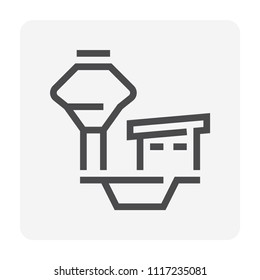 Water tank tower icon or elevated water tank. Include control building using storage liquid and water. Supply or transfer by pressure from elevation for irrigation, farming, home use. 48x48 px.