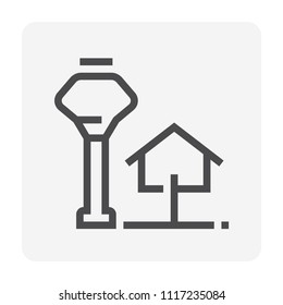 Water tank tower icon or elevated water tank. Include control building using storage liquid and water. Supply or transfer by pressure from elevation for irrigation, farming, home use. 48x48 px.