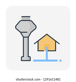 Water tank tower icon or elevated water tank. Include control building using storage liquid and water. Supply or transfer by pressure from elevation through pipeline for irrigation, farming, home use.